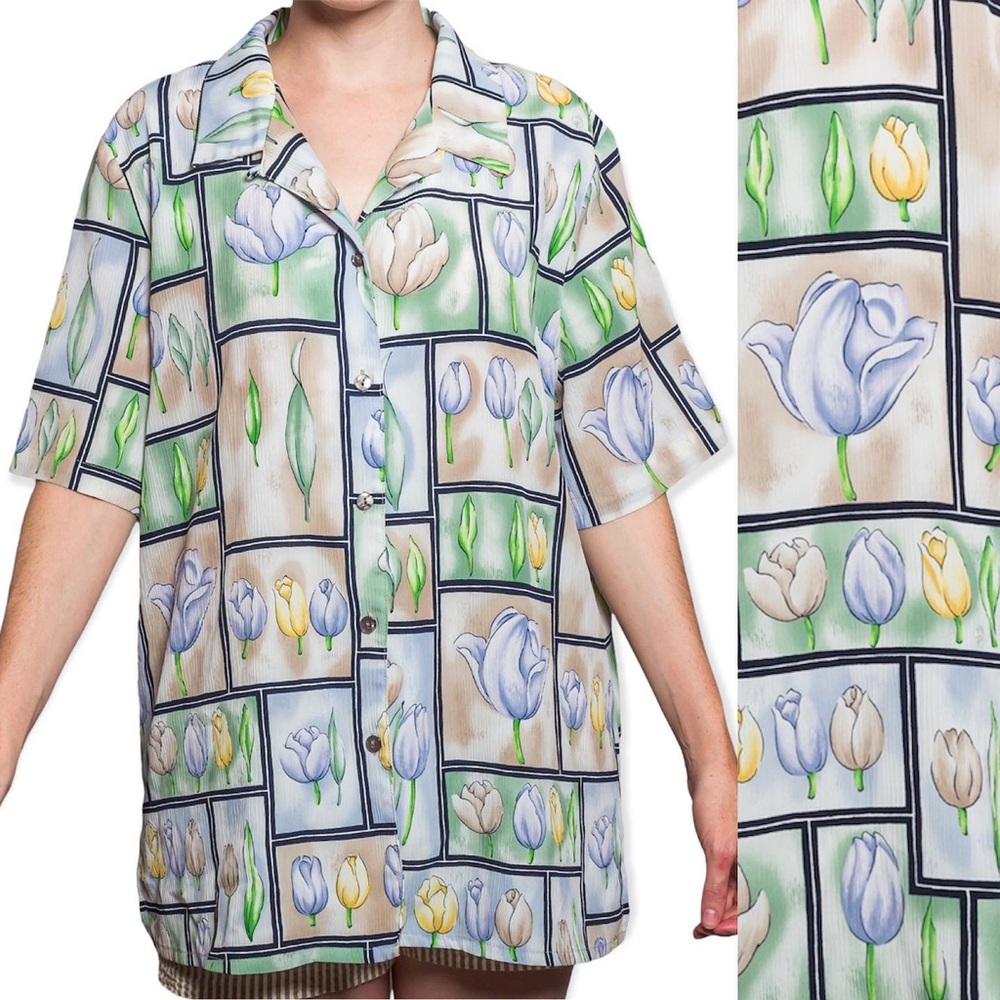 Vintage 90s Style Tulip Flower Button Up Blouse Hawaiian Shirt Size 16W